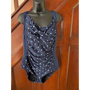 Gabar Polka Dot One-Piece Swimsuit Navy Polka Dot Ruched Front Womens Size 18